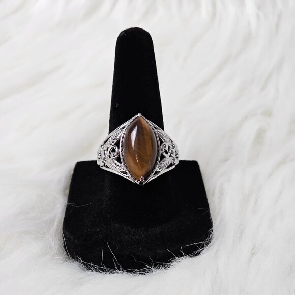 Silver Tone Tigers Eye Gemstone Solitaire New Stainless Steel Ring - Picture 7 of 7